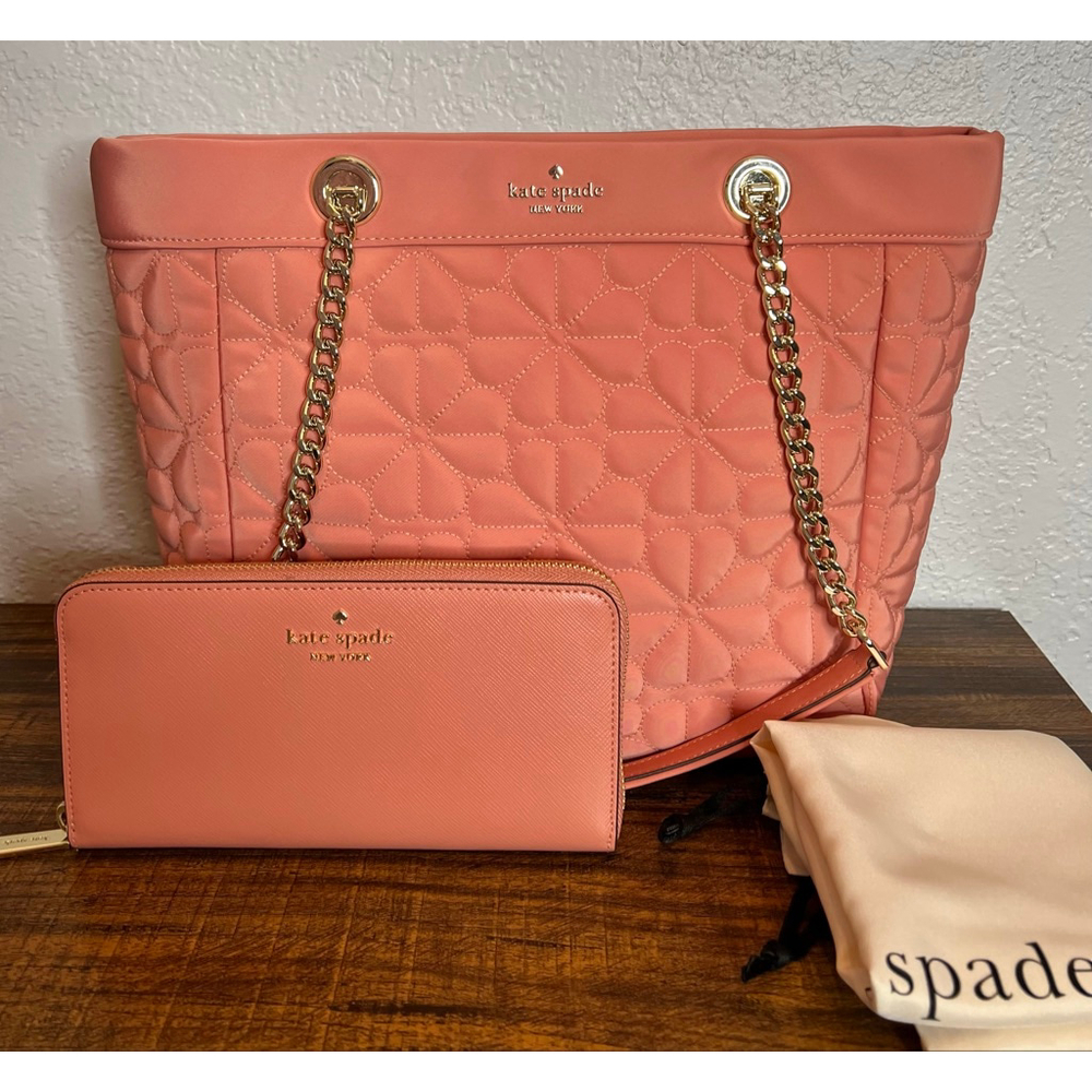Kate Spade Flower Medium Terracotta QuiltedTote with Wallet & Dust Bag